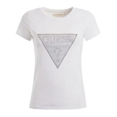 GUESS T-SHIRT A MANICA CORTA IN COTONE BIANCA CON LOGO IN STRASS