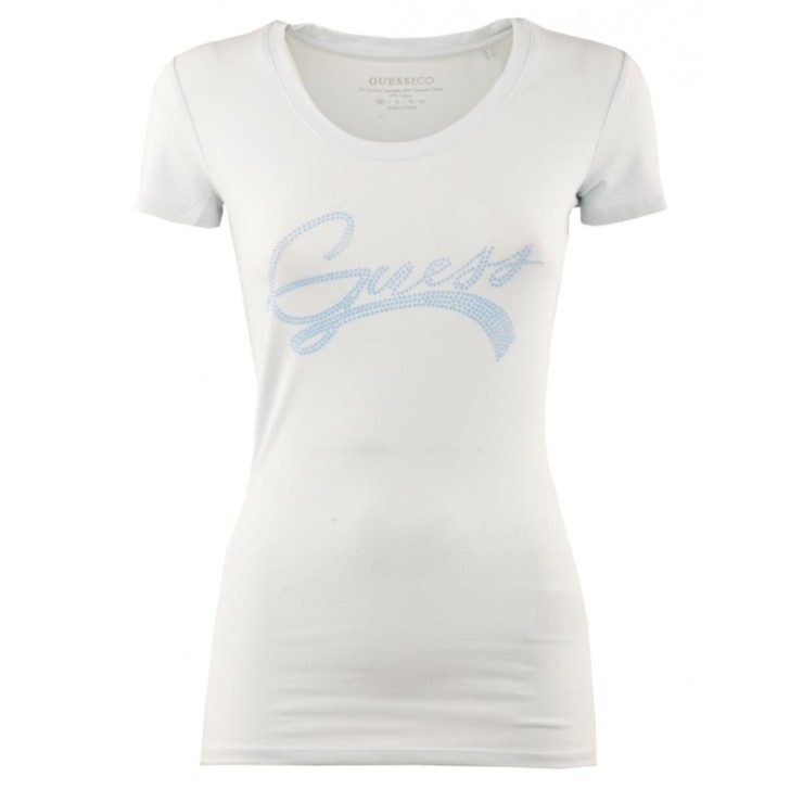 GUESS T-SHIRT A MANICA CORTA POLVERE CON LOGO LETTERING IN STRASS