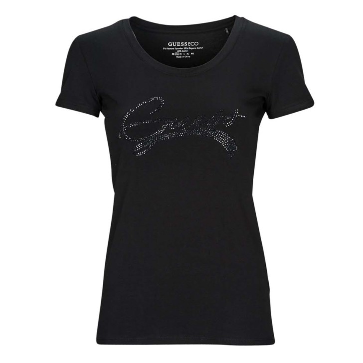 GUESS T-SHIRT A MANICA CORTA NERA CON LOGO LETTERING IN STRASS