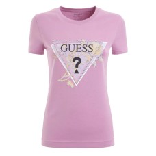 GUESS T-SHIRT A  MANICA CORTA IN COTONE ROSA CON LOGO STAMPATO E BORCHIETTE