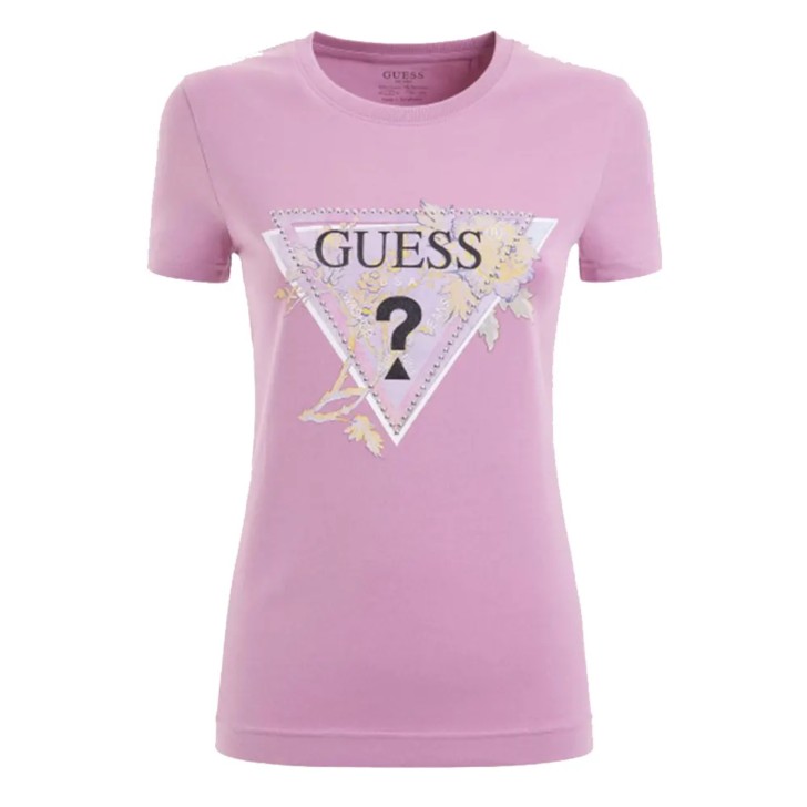 GUESS T-SHIRT A  MANICA CORTA IN COTONE ROSA CON LOGO STAMPATO E BORCHIETTE