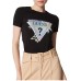 GUESS T-SHIRT A  MANICA CORTA IN COTONE NERA CON LOGO STAMPATO E BORCHIETTE