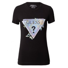 GUESS T-SHIRT A  MANICA CORTA IN COTONE NERA CON LOGO STAMPATO E BORCHIETTE