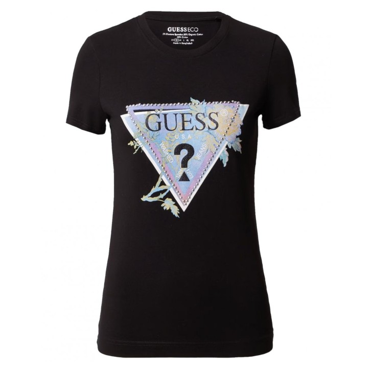 GUESS T-SHIRT A  MANICA CORTA IN COTONE NERA CON LOGO STAMPATO E BORCHIETTE