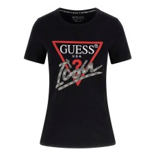 GUESS T-SHIRT REGULAR IN JERSEY DI COTONE A MANICA CORTA BLACK CON LOGO ICON IN STRASS