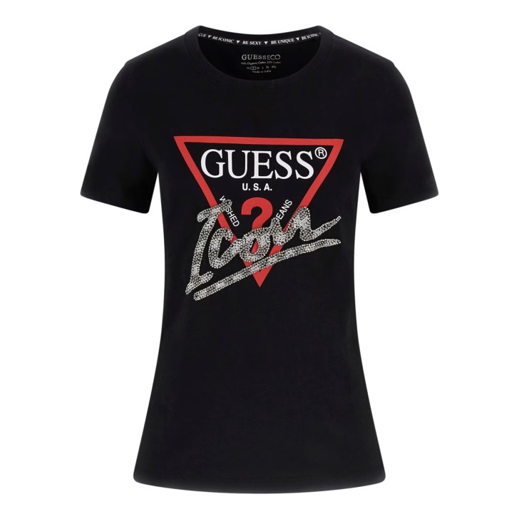 GUESS T-SHIRT REGULAR IN JERSEY DI COTONE A MANICA CORTA BLACK CON LOGO ICON IN STRASS