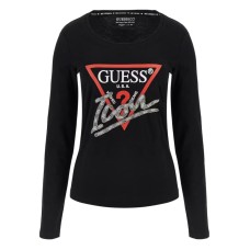 GUESS MAGLIA A MANICA LUNGA IN COTONE BLACK CON LOGO ICON IN STRASS