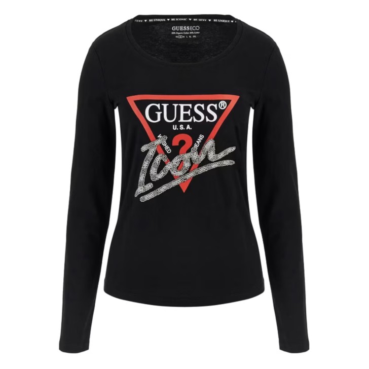 GUESS MAGLIA A MANICA LUNGA IN COTONE BLACK CON LOGO ICON IN STRASS