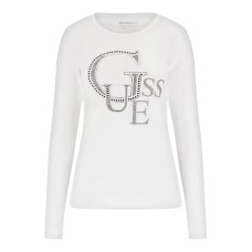 GUESS MAGLIA IN COTONE A MANICA LUNGA WHITE CON MAXI LOGO LETTERING IN STRASS	