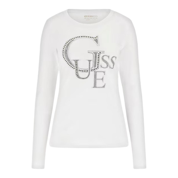 GUESS MAGLIA IN COTONE A MANICA LUNGA WHITE CON MAXI LOGO LETTERING IN STRASS	