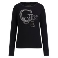 GUESS MAGLIA IN COTONE A MANICA LUNGA BLACK CON MAXI LOGO LETTERING IN STRASS