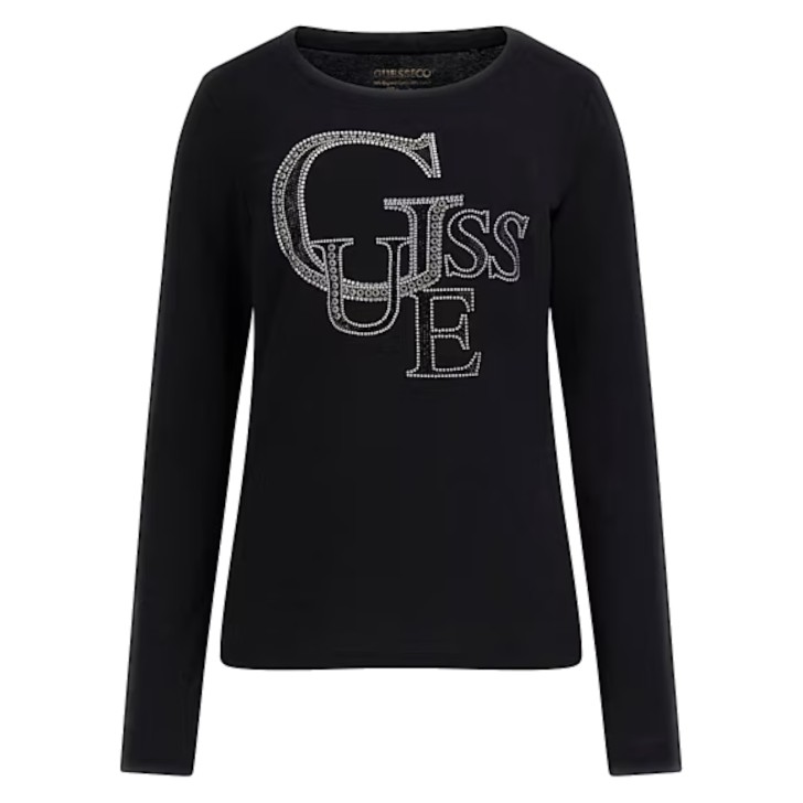 GUESS MAGLIA IN COTONE A MANICA LUNGA BLACK CON MAXI LOGO LETTERING IN STRASS