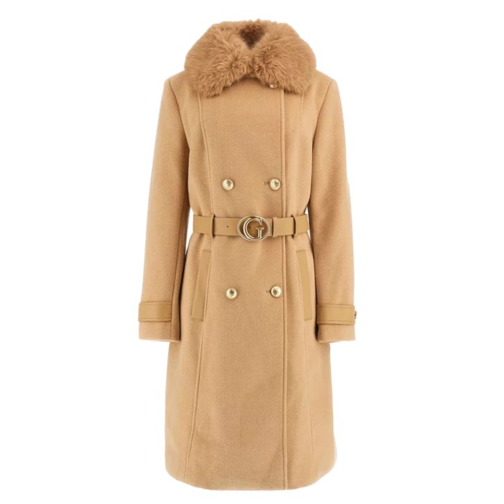 GUESS CAPPOTTO DOPPIOPETTO BEIGE CON COLLO IN ECOPELLE E SIMILPELLICCIA ESTRAIBILE	