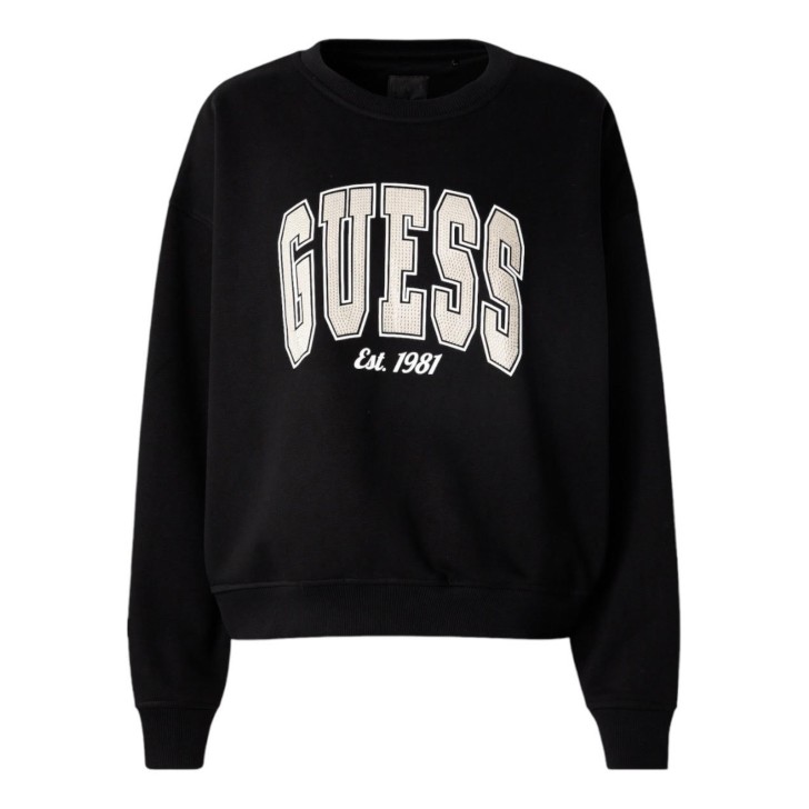 GUESS FELPA OVERSIZE IN COTONE BLACK A GIROCOLLO CON MAXI LOGO LETTERING IN STRASS