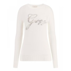 GUESS MAGLIONCINO A GIROCOLLO CREAM CON LOGO LETTERING RICAMATO E STRASS