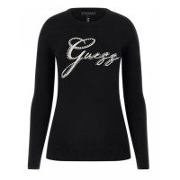 GUESS MAGLIONCINO A GIROCOLLO BLACK CON LOGO LETTERING RICAMATO E STRASS