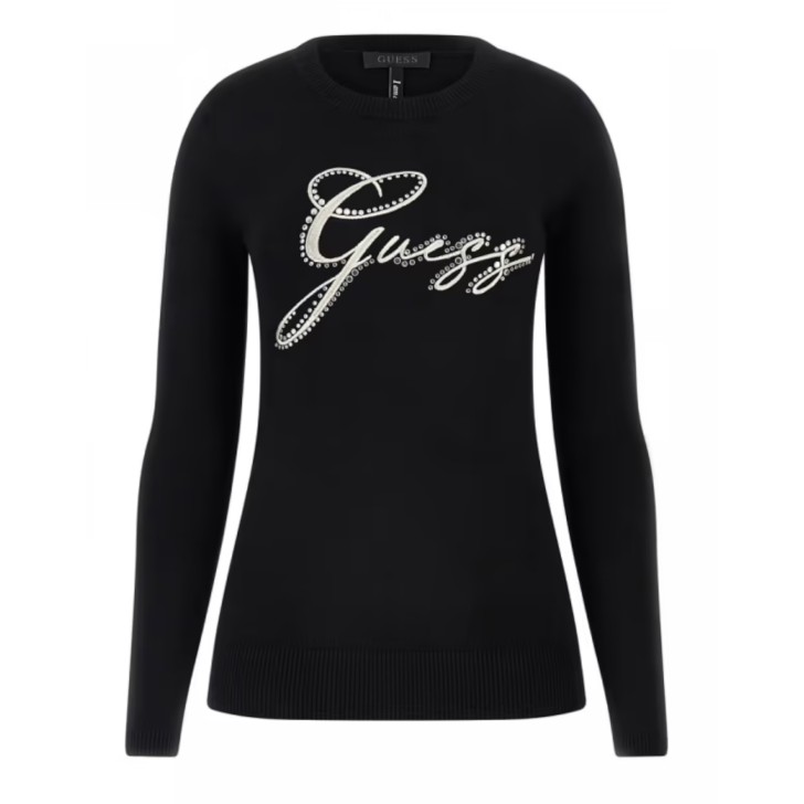 GUESS MAGLIONCINO A GIROCOLLO BLACK CON LOGO LETTERING RICAMATO E STRASS