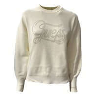 GUESS MAGLIONCINO OVERSIZE CREAM CON LOGO LETTERING IN STRASS E PAILLETTES	