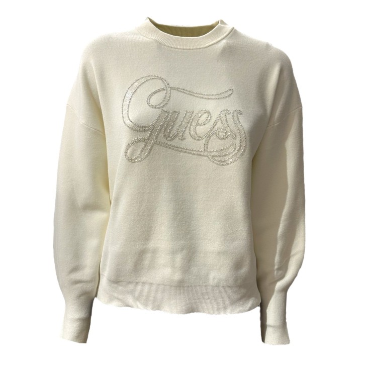 GUESS MAGLIONCINO OVERSIZE CREAM CON LOGO LETTERING IN STRASS E PAILLETTES	