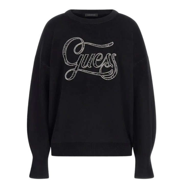 GUESS MAGLIONCINO OVERSIZE BLACK CON LOGO LETTERING IN STRASS E PAILLETTES