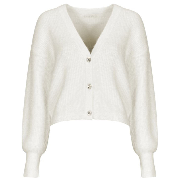 GUESS CARDIGAN IN FILATO FRUZZY RELAXED WHITE CON BOTTONI GIOIELLO 