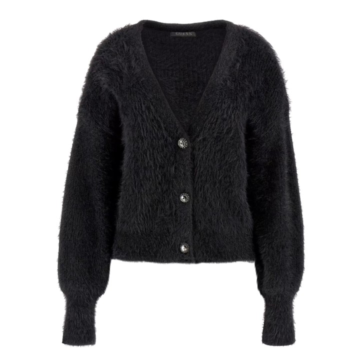 GUESS CARDIGAN IN FILATO FRUZZY RELAXED BLACK CON BOTTONI GIOIELLO 