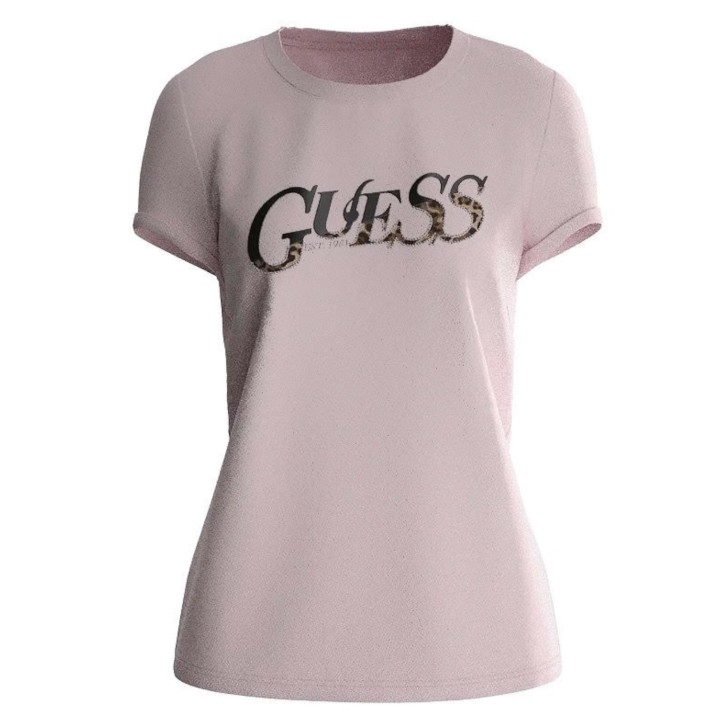 GUESS T-SHIRT ROSA CON LOGO A CONTRASTO NELLA PARTE ANTERIORE 