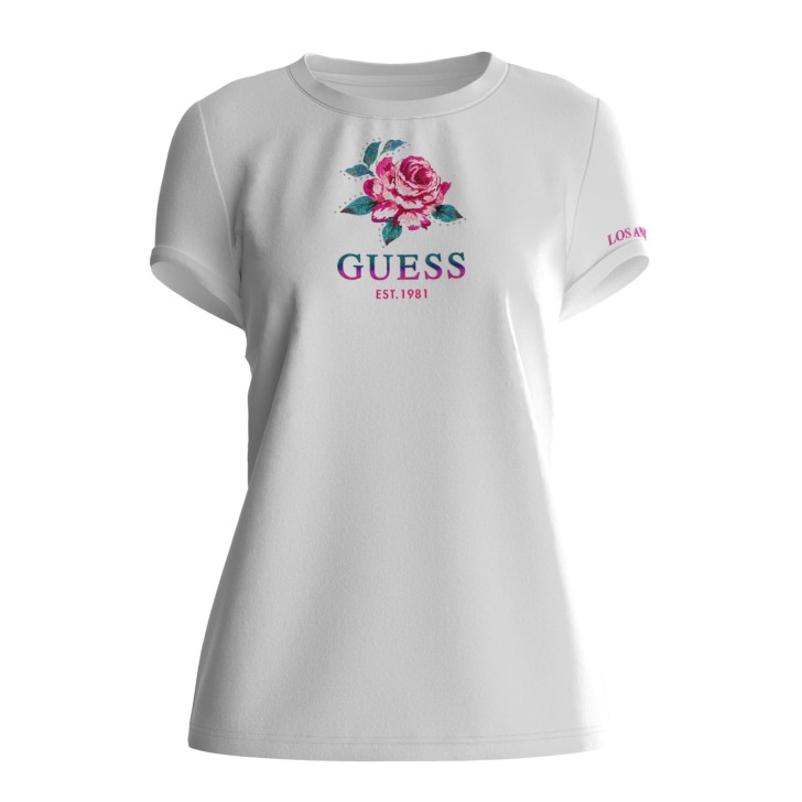 Guess t-shirt bianca con logo e rosa glitter
