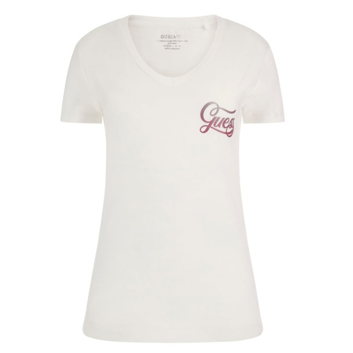 GUESS T-SHIRT BIANCA CON SCOLLO A V E LOGO NELLA PARTE ANTERIORE