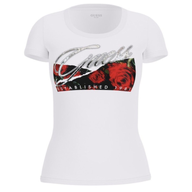 GUESS T-SHIRT BIANCA CON STAMPA ROSE 