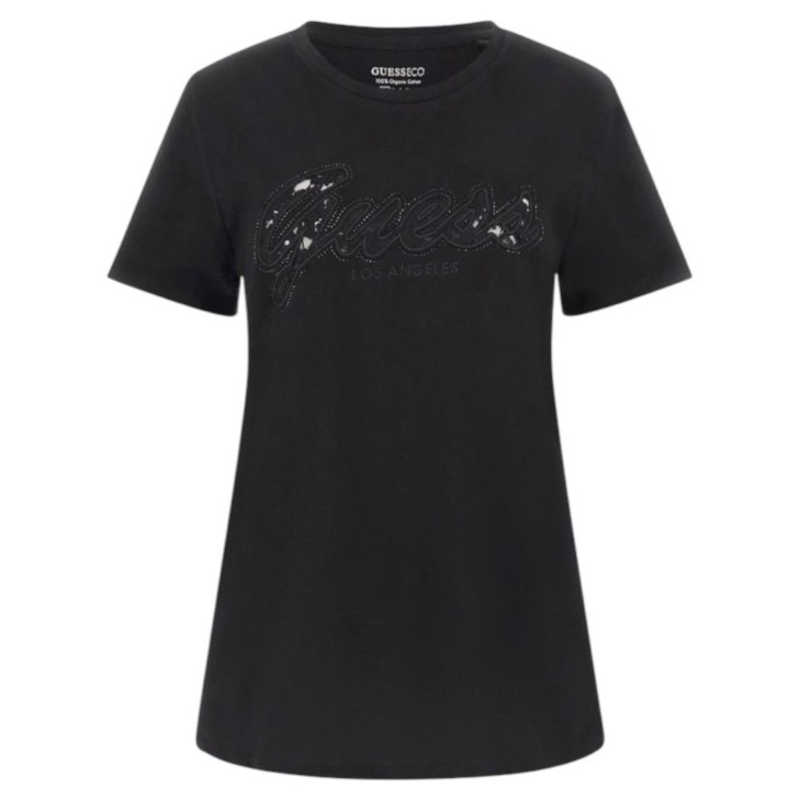 GUESS T-SHIRT NERA CON LOGO LETTERING IN PIZZO