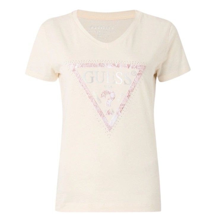 GUESS T-SHIRT CREMA LOGO PYTHON TRIANGOLO A CONTRASTO