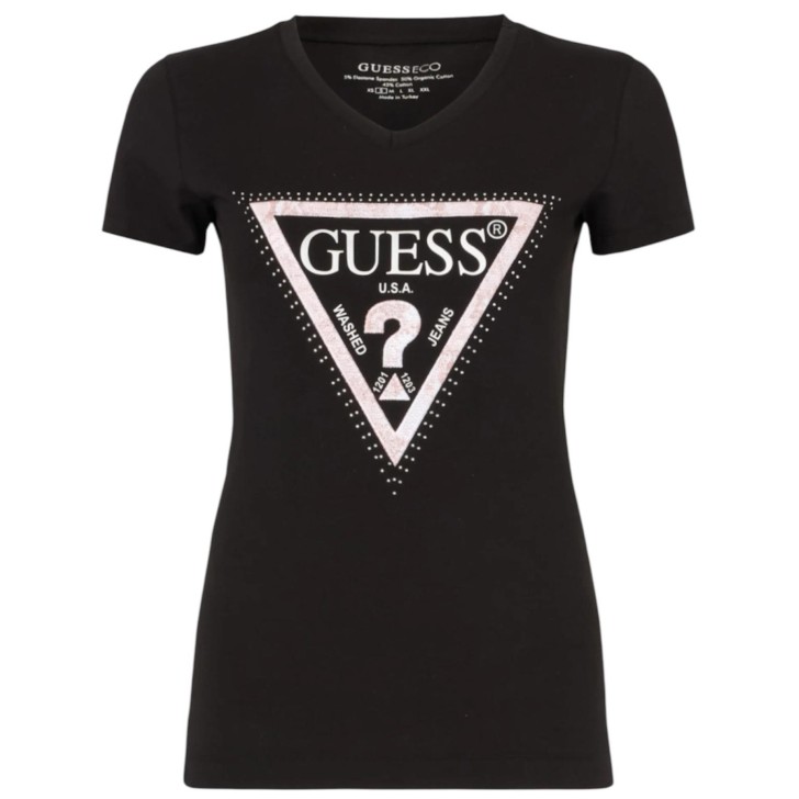 GUESS T-SHIRT NERA LOGO PYTHON TRIANGOLO A CONTRASTO