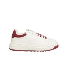 EMPORIO ARMANI SNEAKER IN LEATHER WHITE CON RETRO GOMMATO BORDEAUX CON LOGO AQUILA 