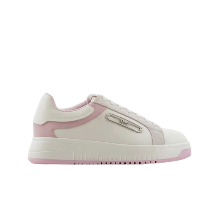 EMPORIO ARMANI SNEAKER IN LEATHER WHITE PINK CON PLACCA AQUILA IN METALLO	