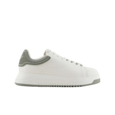 EMPORIO ARMANI SNEAKER IN LEATHER WHITE CON RETRO GOMMATO SAGE CON LOGO AQUILA