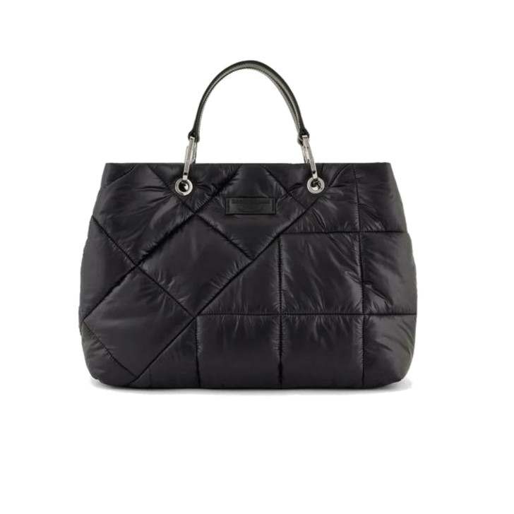 EMPORIO ARMANI SHOPPING BAG IN NYLON BLACK TRAPUNTATA CON PATCH IN PU CON LOGO LETTERING TONO SU TONO 