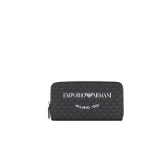 EMPORIO ARMANI PORTAFOGLIO ZIP AROUND BLACK CON EAGLE ALL OVER E STAMPA LOGO MILANO 1981