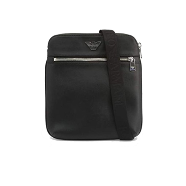 Emporio Armani Tracolla nera in pelle rigenerata saffiano con placchetta Aquila