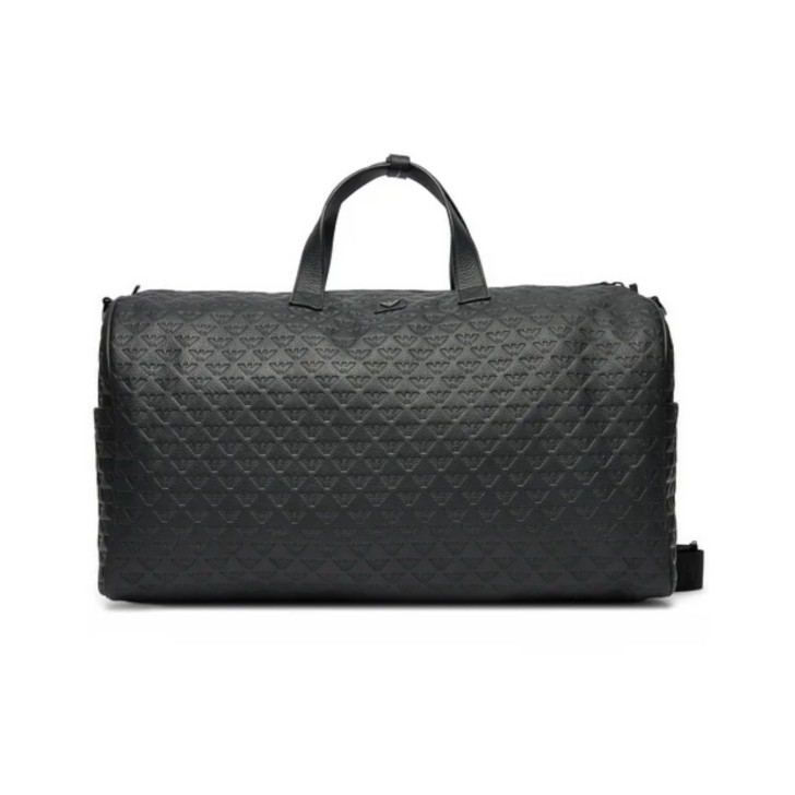 EMPORIO ARMANI BORSONE UNISEX IN LEATHER BLACK CON LOGO EAGLE ALL OVER E TRACOLLA REGOLABILE ESTRAIBILE