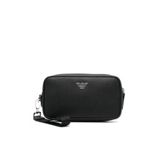 EMPORIO ARMANI BEAUTY CASE BLACK IN PELLE RIGENERATA SAFFIANO CON LACCIO DA POLSO E PLACCHETTA AQUILA ASV