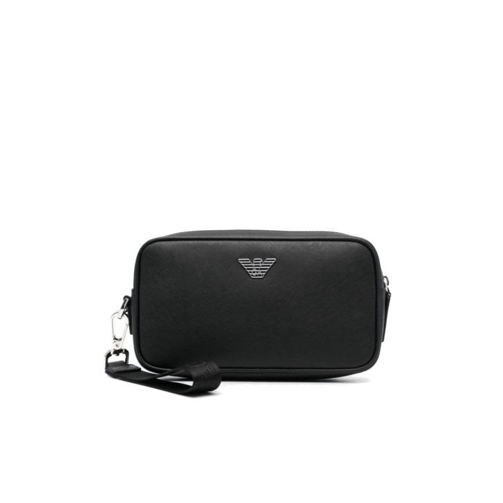 EMPORIO ARMANI BEAUTY CASE BLACK IN PELLE RIGENERATA SAFFIANO CON LACCIO DA POLSO E PLACCHETTA AQUILA ASV