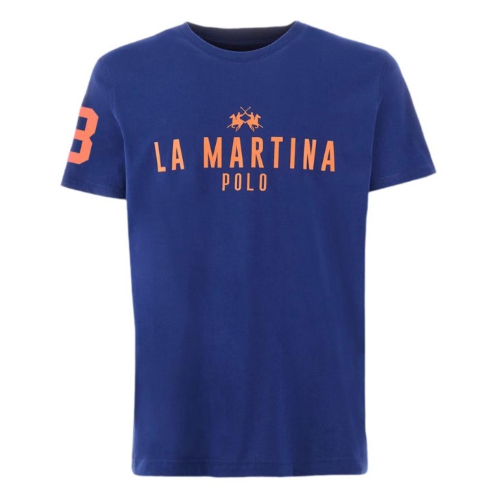 LA MARTINA T-SHIRT BLU CON LOGO LETTERING ARANCIO DA UOMO 