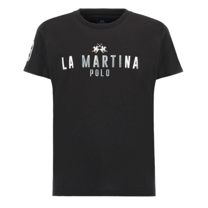 LA MARTINA T-SHIRT A MANICHE CORTE NERA CON LOGO LETTERING ARGENTO DA UOMO 