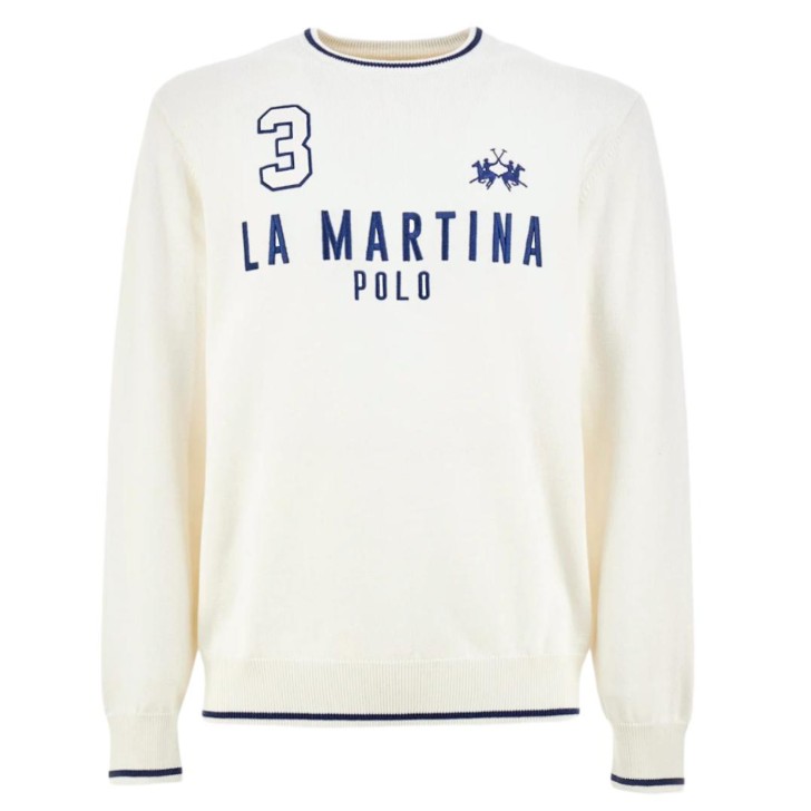 LA MARTINA MAGLIONCINO BIANCO DA UOMO CON LOGO LETTERING BLU NELLA PARTE ANTERIORE  