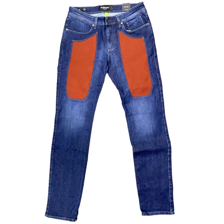 Jeckerson Jeans denim blu cinque tasche con toppe in Alcantara ruggine