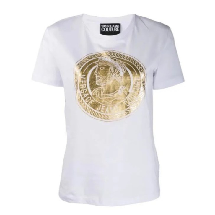 Versace Jeans Couture T-shirt Bianca da Donna con maxi stampa oro