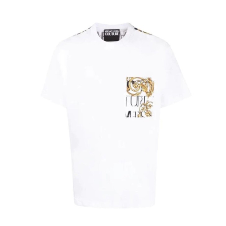 Versace Jeans Couture T-shirt Bianca da Uomo a maniche corte con stampa Logo Couture All Over nella parte posteriore.