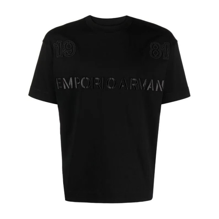 EMPORIO ARMANI T-SHIRT A MANICA CORTA BLACK IN COTONE CON MAXI LOGO RICAMATO TONO SU TONO	