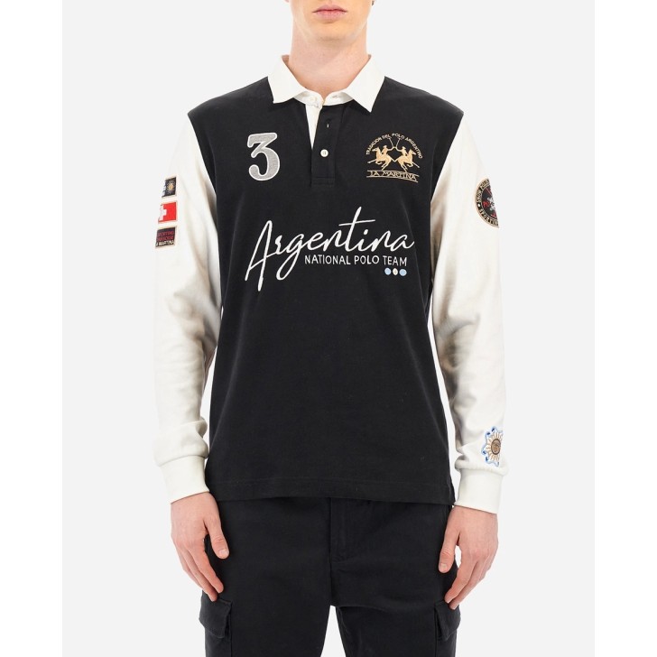 LA MARTINA MAN POLO L/S HEAVY JERSEY Black/OffWhite      